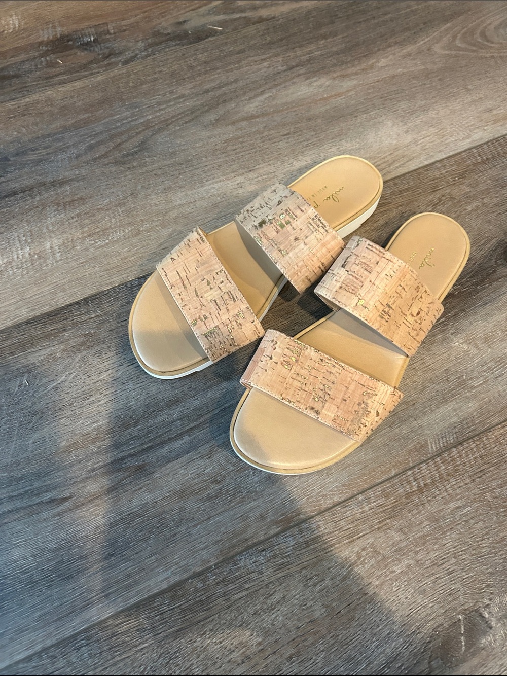 Mila Paoli Italian size 8 Cork-Accent Double Strap Slide Sandals - Nude NWOT